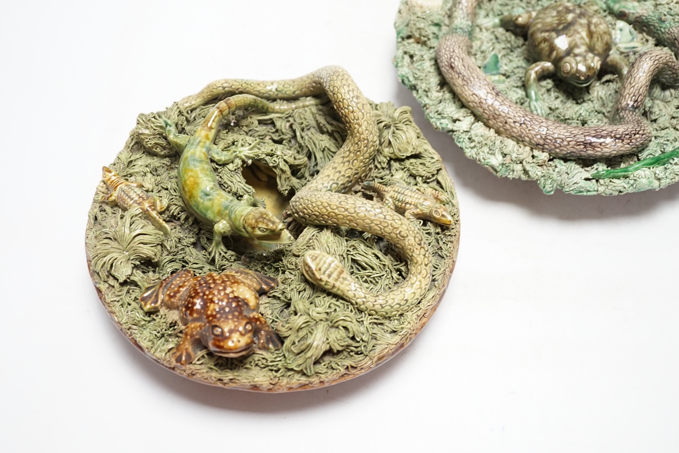 Two Caldas Palissy ware dishes decorated with frogs, snakes and a lizard, the larger 24cm diameter